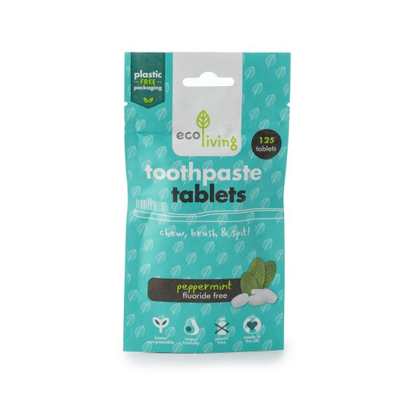 Toothpaste tablets in a pouch, fluoride-free