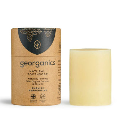 Georganics toothsoap in cardboard packaging with the toothsoap shown alongside