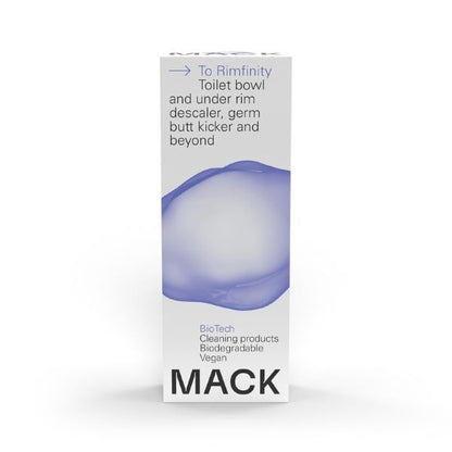 Max toilet descaler pod in cardboard packaging with text reading "To Rimfinity Toilet bowl and under rim descaler, germ butt kicker and beyond"