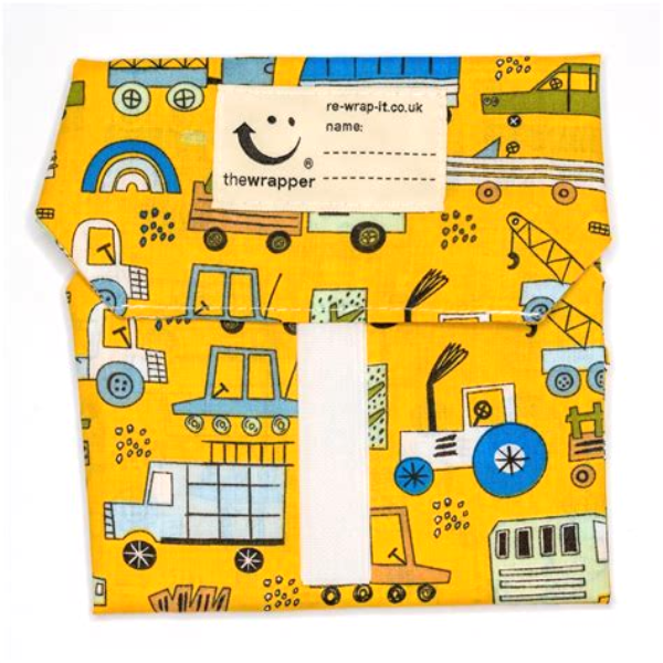 Sandwich wrapper in Tractors and vans design (yellow background with colourful vans and tractors)