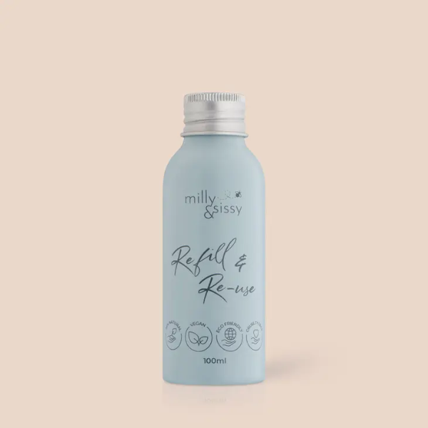 Aluminium reusable travel bottle in a pale blue shade with aluminium lid