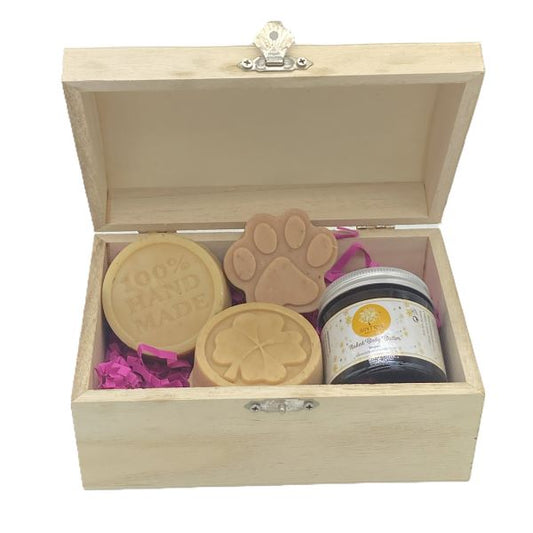 Children's treasure chest gift set open with contents shown inside