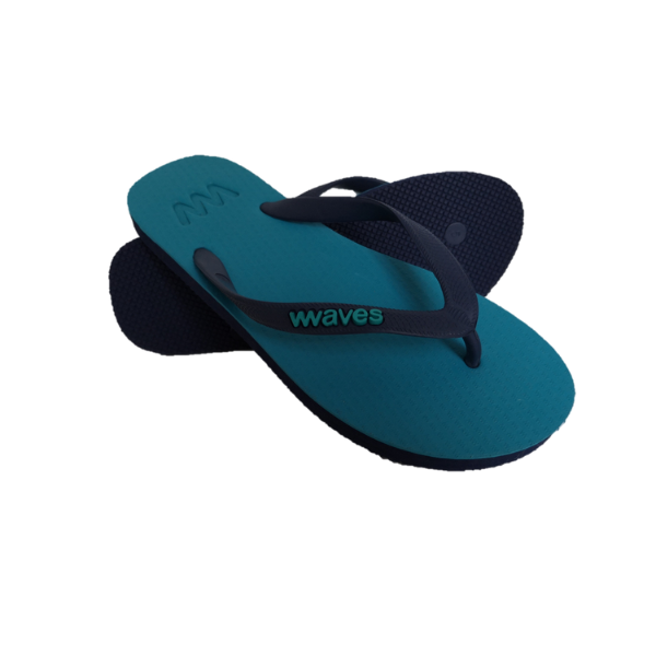 Waves rubber eco-friendly flip-flops in two-tone turquoise base and navy straps