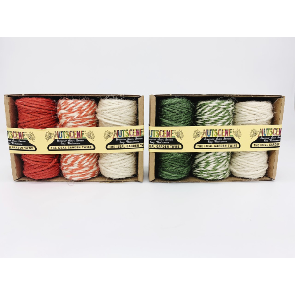 Natural twirly twine trio shown in red/white combination and green/white