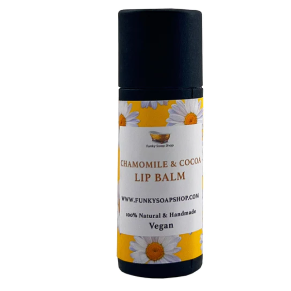 Vegan lip balm in chamomile and cocoa butter, shown in biodegradable packaging