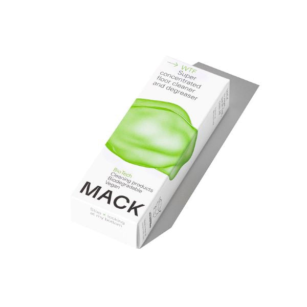 Mack cleaning pod for floors in cardboard box with text "super concentrated floor cleaner and degreaser"