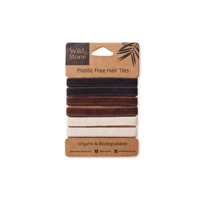 Pack of 6 plastic-free and eco-friendly hair bands/ Hair ties in cardboard pack Natural colours (two black, two brown, two cream)
