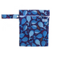 Wet bag for reusable period pads in whales design (navy with lighter blue whales) showing hanging loop and with zip