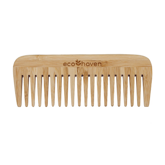 Bamboo wide-tooth comb with logo reading ecohaven