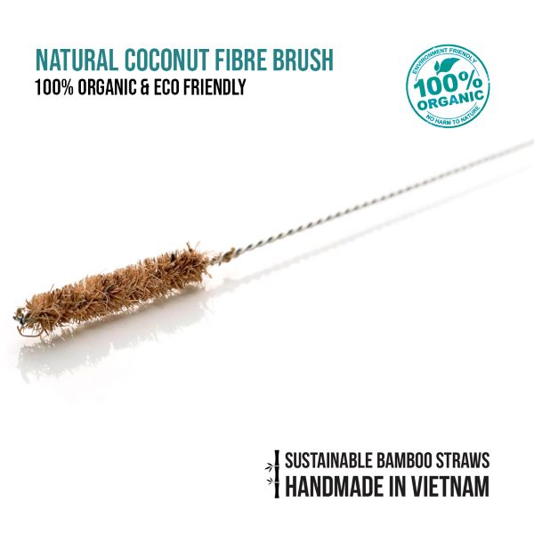 Straw cleaning brush made from coconut fibre shown with text reading "100% organic and eco-friendly, sustainable bamboo straws handmade in Vietnam"