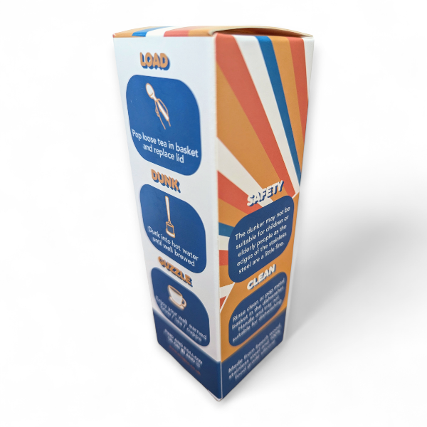 Dunker tea strainer infuser in colourful packaging on a white background