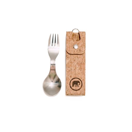 Steel spork next to cork pouch holder with an elephant logo