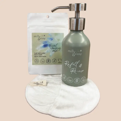 Facial cleansing set of green aluminium bottle, with facial wash pouch and bamboo reusable wipe