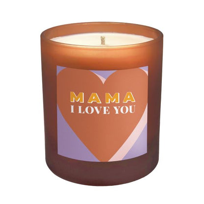 Clean burning candle in refillable orange glass jar with label reading "Mama I love you" 