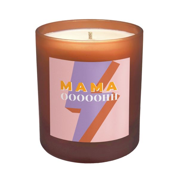 Clean burning candle in refillable orange glass jar with label reading "Mama ooooohh!"