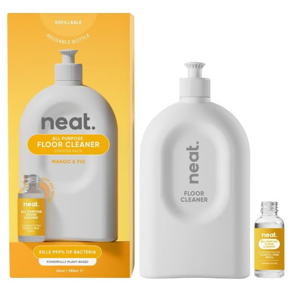 Neat eco-friendly floor cleaner starter pack and glass bottle concentrate refill shown alongside cardboard packaging