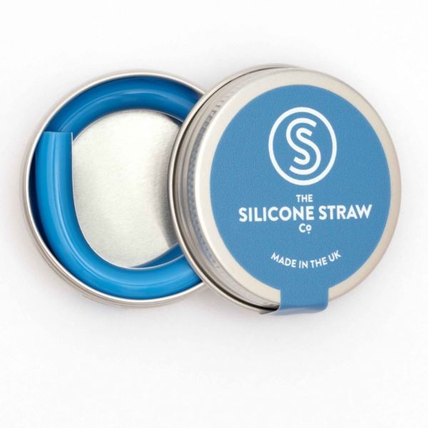 Silicone straw in blue contained in small round tin shown with lid off and straw inside