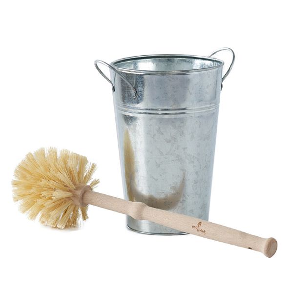 Toilet brush with wooden handle and natural brushes, shown sitting alongside silver-coloured metal bucket-style holder