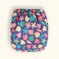 Reusable swim nappy close up rear view, in Mussel Seashells design (dark blue background with colourful star fish, mussels and shells)