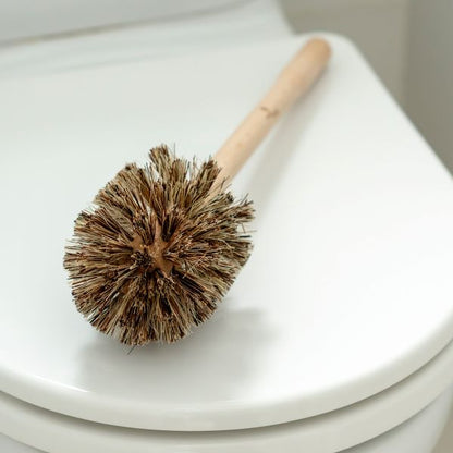 Toilet brush with wooden handle and natural brushes, shown sitting on a toilet seat
