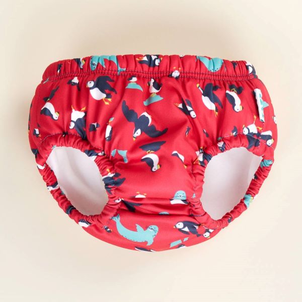 Reusable swim pants front view in Puffling Paddle design (red background with puffins and seals)