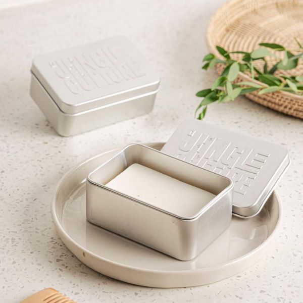 Metal travel soap case with soap bar inside