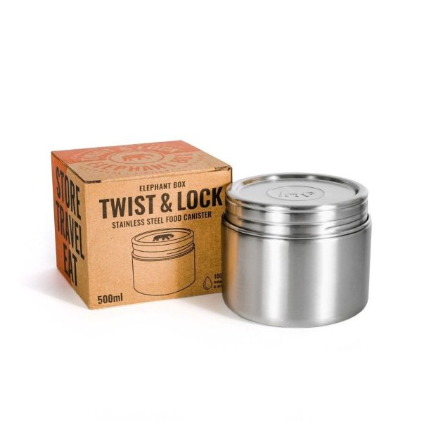 Stainless steel twist and lock food container shown alongside the cardboard packaging