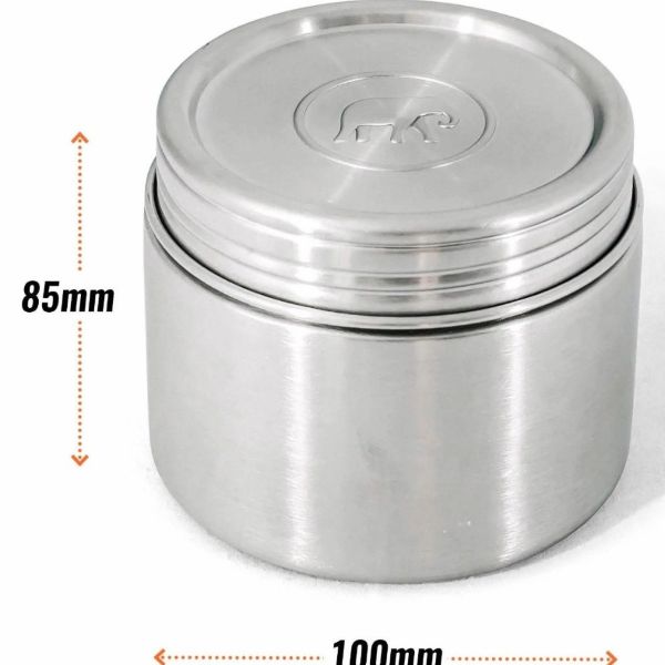 Stainless steel twist and lock food container shown with measurements alongside (85mm high and 100mm wide)