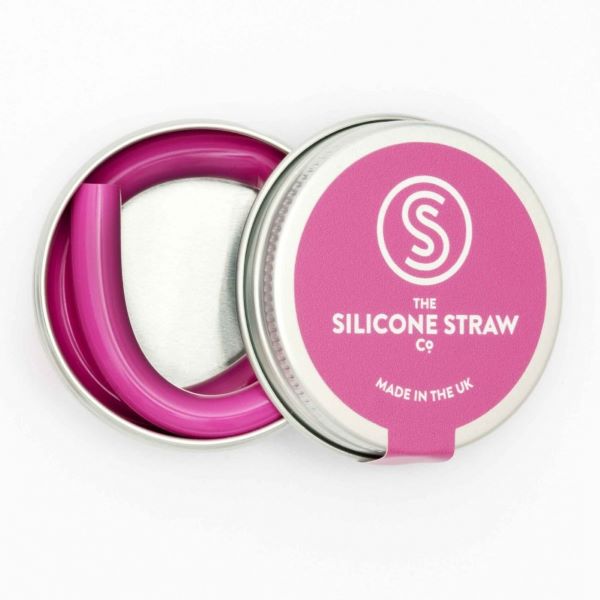 Silicone straw in violet contained in small round tin shown with lid off and straw inside