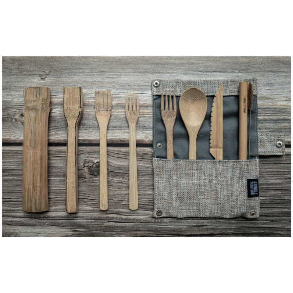 Bamboo cutlery and straw set ash