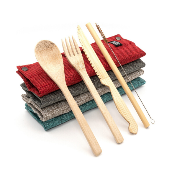 Bamboo cutlery and straw set mixed colours