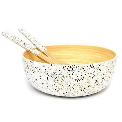 Bamboo bowl in white (white with coloured speckles on outside, bamboo inside) with salad tongs (available separately)