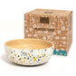 Bamboo serving bowl in white (white with coloured speckles on outside, bamboo inside) with cardboard box