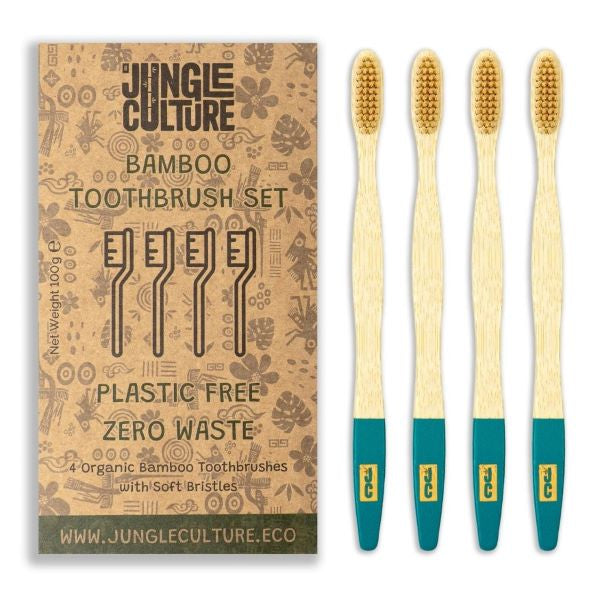 Bamboo toothbrush pack of 4 with cardboard packaging showing 4 toothbrushes alongside