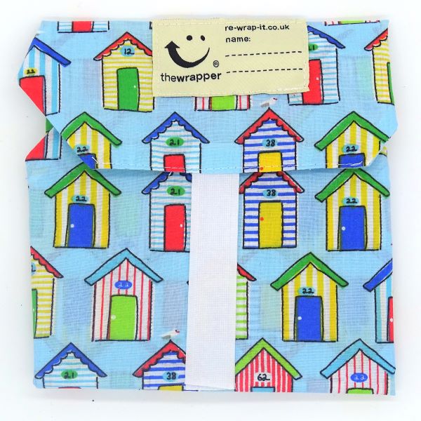 Sandwich wrapper Beach huts (blue background with lots of multicoloured beach hut images)