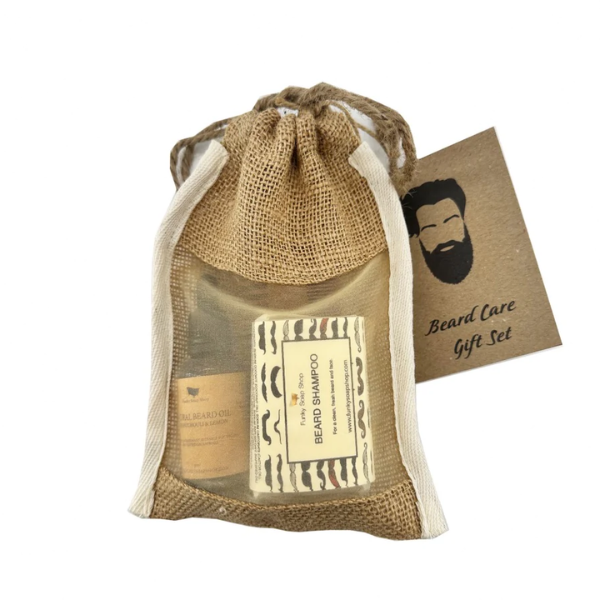 Beard care gift pouch with contents inside