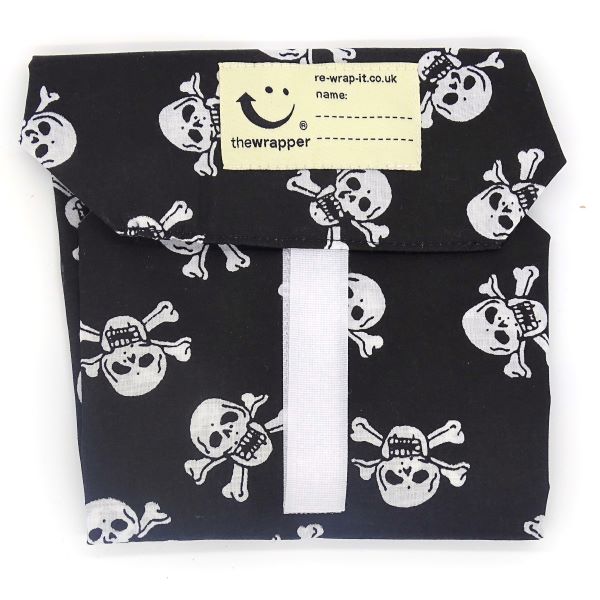 Skull and crossbones eco-friendly sandwich wrapper (black background with lots of white skull and crossbones)