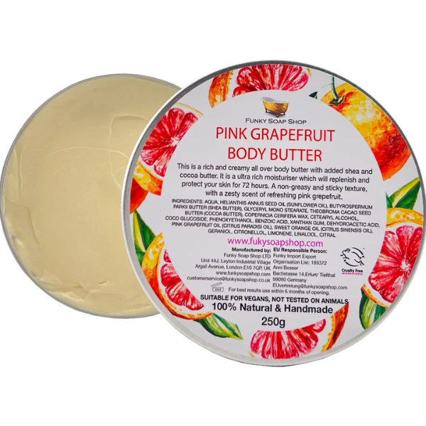 Eco-friendly vegan body butter in aluminium tin, shown open with cream inside. Pink grapefruit.
