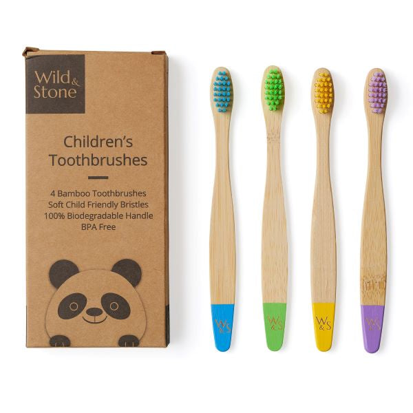 Kids bamboo toothbrush set, pack of 4 multicoloured, alongside cardboard box