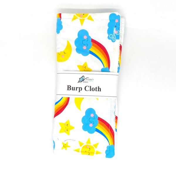 Reusable baby burp cloth in Sunshine and rainbow fabric