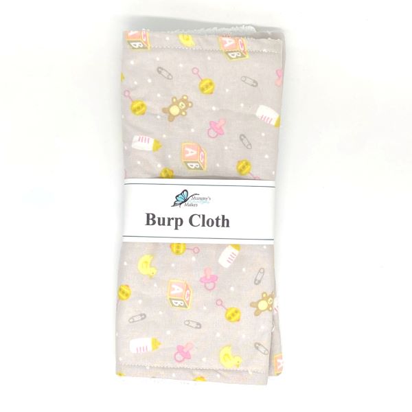 Reusable baby burp cloth in Toy time grey fabric
