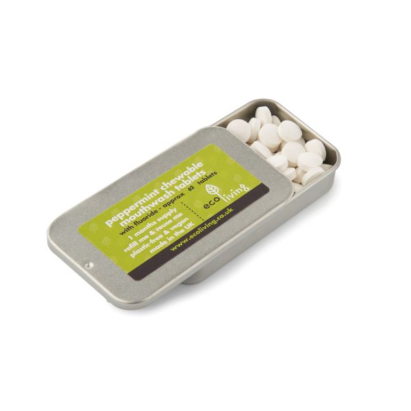 Eco-friendly sustainable chewable mouthwash tablets Tin of 60 With fluoride