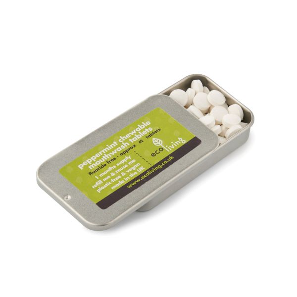 Eco-friendly sustainable chewable mouthwash tablets Tin of 60 Fluoride-free