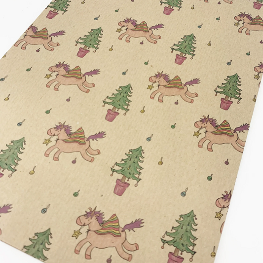 Eco-friendly Christmas wrapping paper Brown with Christmas trees and unicorns