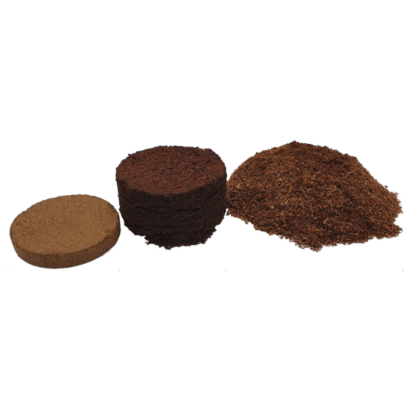 EPots peat free coco coir soil discs showing dehydrated, hydrated and soil