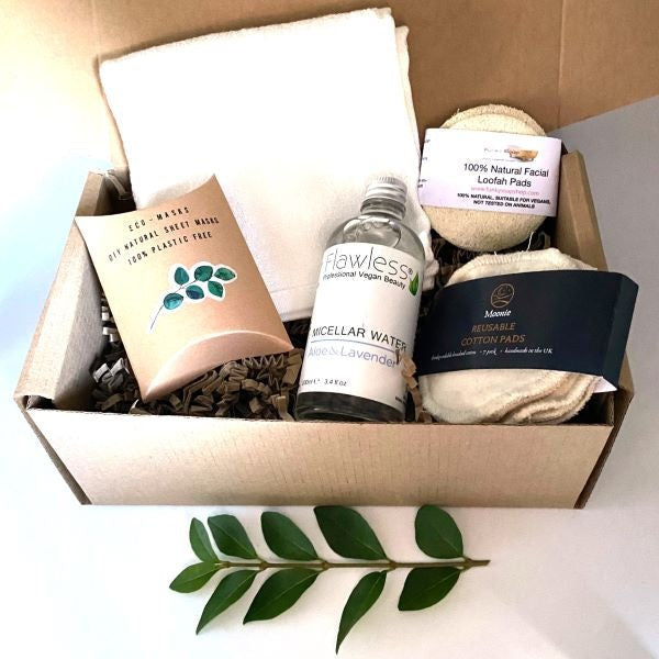 Eco-friendly facial pampering set with box open showing contents inside