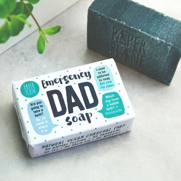 Emergency Dad soap bar, wrapped and unwrapped
