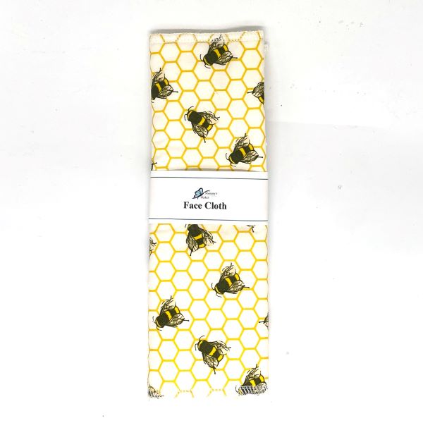 Reusable face cloth in bees design (white background with gold honeycomb design and bees))