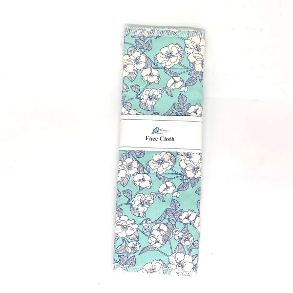 Reusable face cloth in aqua flowers design (aqua background with grey and white flowers)