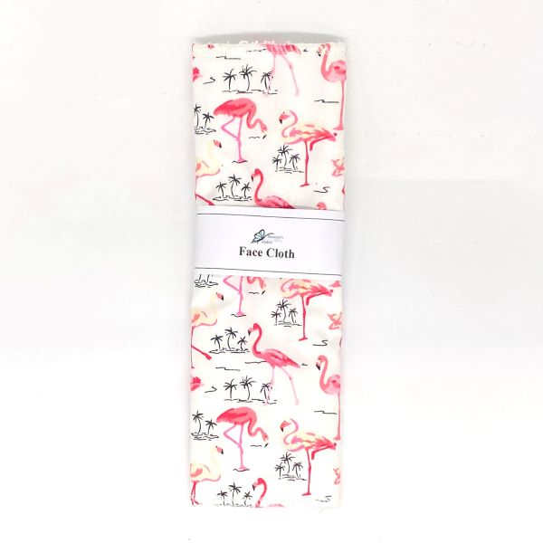 Reusable face cloth in flamingoes design (white background with pink flamingoes and small palm trees)